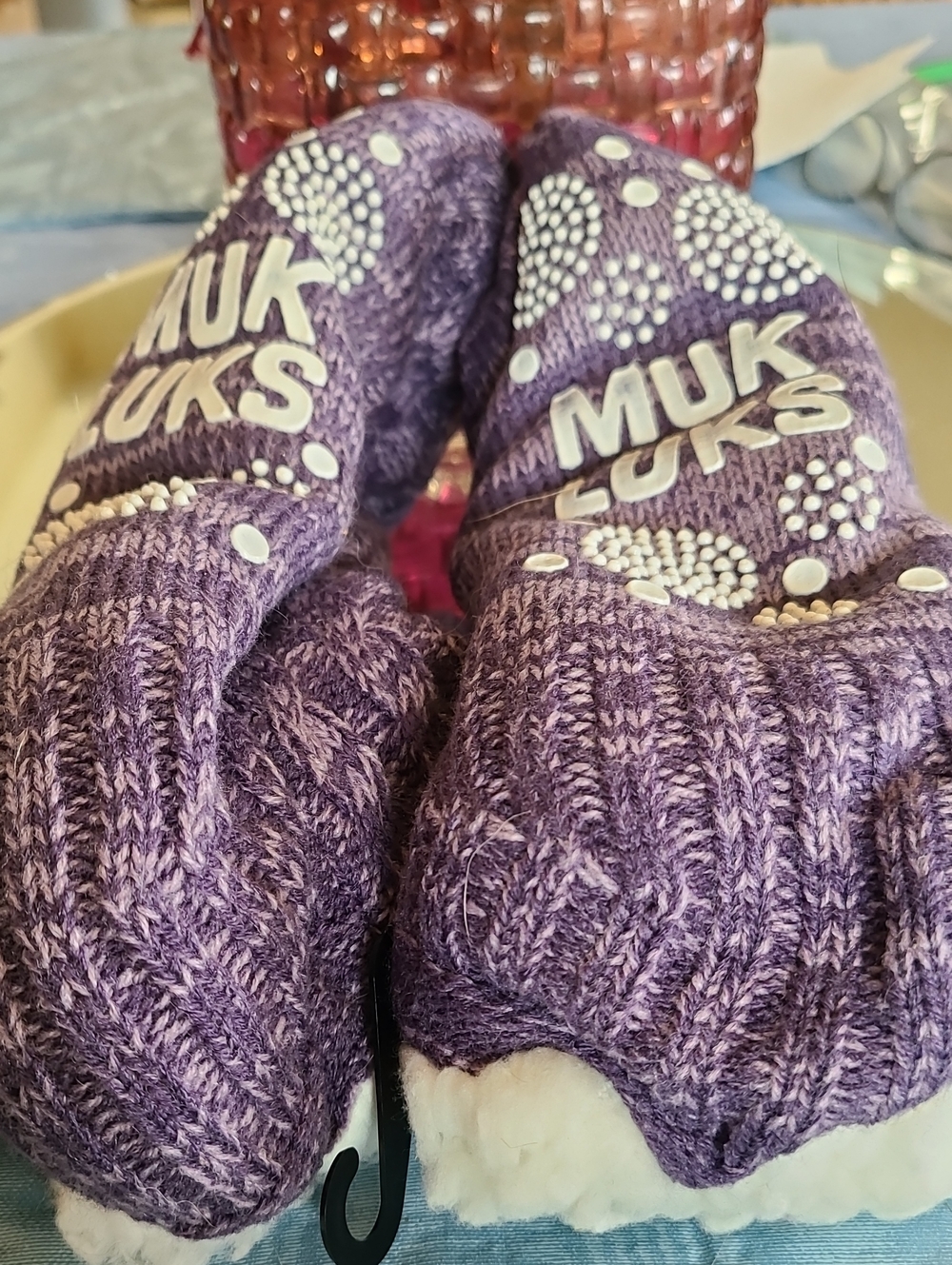 Muk Luks Purple Knit Slipper Boots with White Lining